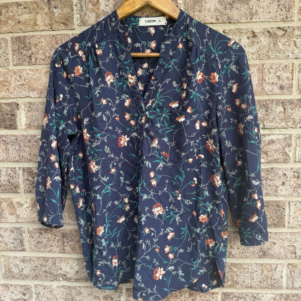 ESTAMPAM Navy Blue Floral 3/4 Sleeve Blouse Top Size M Flowy Boho Cottagecore